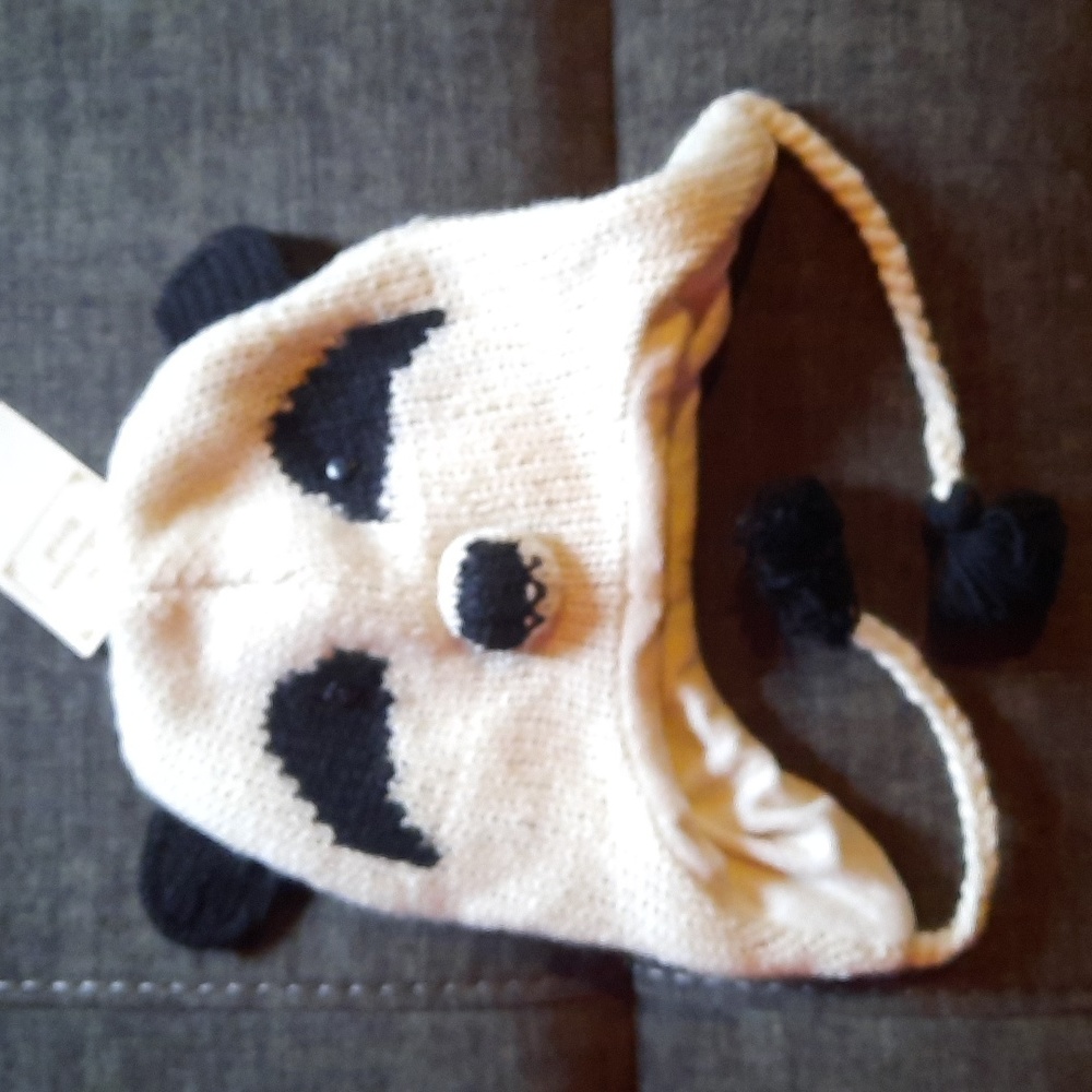 Panda Bear Wool Knit Hat Ear Flap Braided Ties Youth Teen Tween Headwear Warm